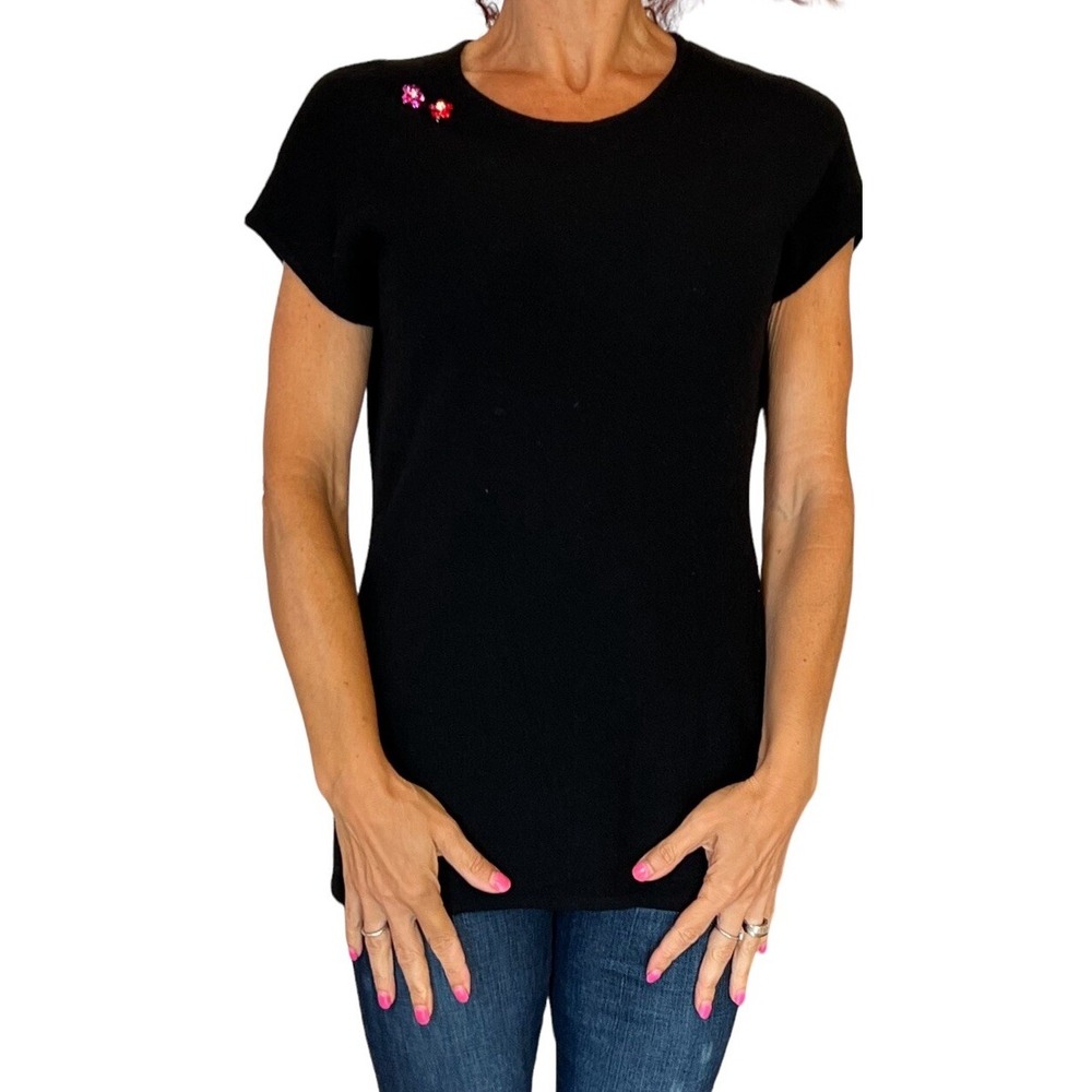 H BY HALSTON WOMEN'S SWEATER CAP SLEEVE BLACK CASHMERE KNIT PULLOVER SIZE LARGE